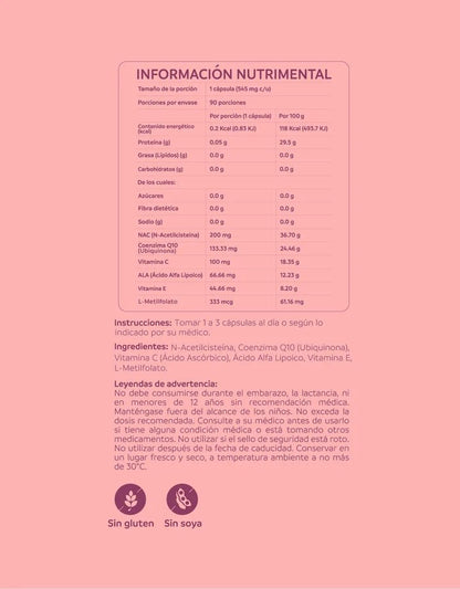 Metilfolato, NAC, Vitamina E, C + Coenzima Q10 y Ácido Alfa Lipoico de NutriADN | Complemento ideal para una rutina de bienestar femenino | 120 Cápsulas Vegetales