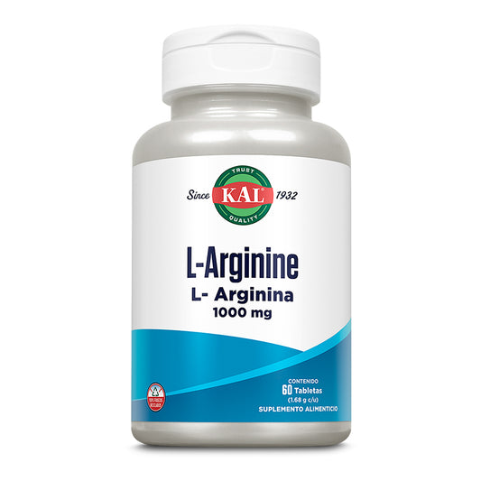 L-Arginina 1000mg de KAL | Apoya la circulación de flujo sanguíneo, la función cardiovascular y el desempeño deportivo | 60 Tabletas