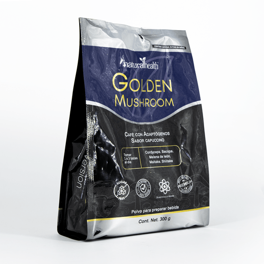 Golden Mushroom de Natural Health | Café Soluble con Adaptógenos y Hongos Funcionales | Polvos 300 gr