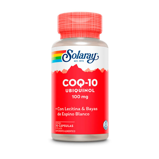 Coenzima Q10 Ubiquinona 100mg con Lecitina y Bayas de Espino Blanco de Solaray | Bienestar Cardiovascular, Colesterol, Antioxidante | 30 cápsulas vegetarianas