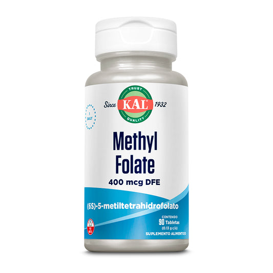 Metil Folato 400 mcg DFE de KAL | Función cardiovascular y cognitiva, Bienestar mental, Apoyo en el embarazo, Desarrollo fetal | 90 Tabletas