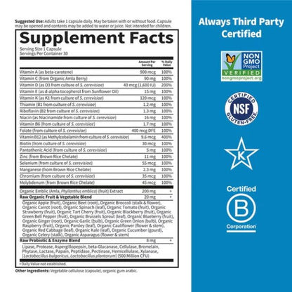 Raw One de Garden of Life | Multivitamínico para Hombre | 30 Cápsulas