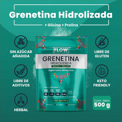 Grenetina Hidrolizada Glicina + Prolina con Vitamina C y D 15g de Flow Supplement  | Fortalece Cabello, Piel y Uñas | Polvo con 500g