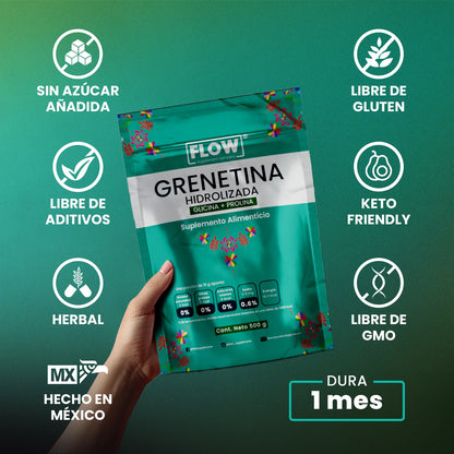 Grenetina Hidrolizada Glicina + Prolina con Vitamina C y D 15g de Flow Supplement  | Fortalece Cabello, Piel y Uñas | Polvo con 500g