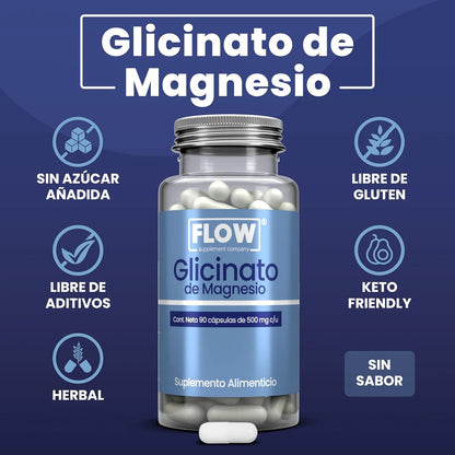 Glicinato de Magnesio 500mg de Flow Supplements | Apoya la función muscular, ayudando a prevenir calambres y espasmos,  como así también la función nerviosa | 90 cápsulas vegetales