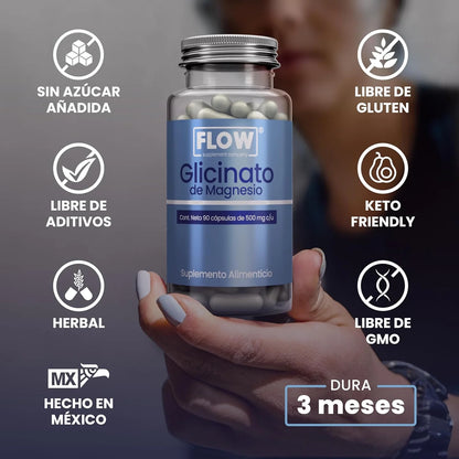 Glicinato de Magnesio 500mg de Flow Supplements | Apoya la función muscular, ayudando a prevenir calambres y espasmos,  como así también la función nerviosa | 90 cápsulas vegetales