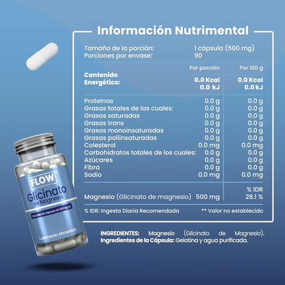 Glicinato de Magnesio 500mg de Flow Supplements | Apoya la función muscular, ayudando a prevenir calambres y espasmos,  como así también la función nerviosa | 90 cápsulas vegetales