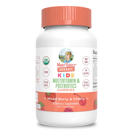 Multivitamínico para Niños de Mary Ruth's | Contiene vitaminas y minerales esenciales para el crecimiento y desarrollo, estas gomitas incluyen posbióticos, que apoyan la función digestiva | 60 gomitas Sabor Mezcla de Frutos Rojos y Cerezas