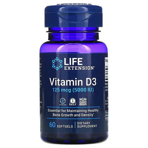 Vitamina D3 125mcg 5000 UI de Life Extension | Fortalece el Sistema Óseo y el Sistema Inmunológico  | 60 cápsulas blandas