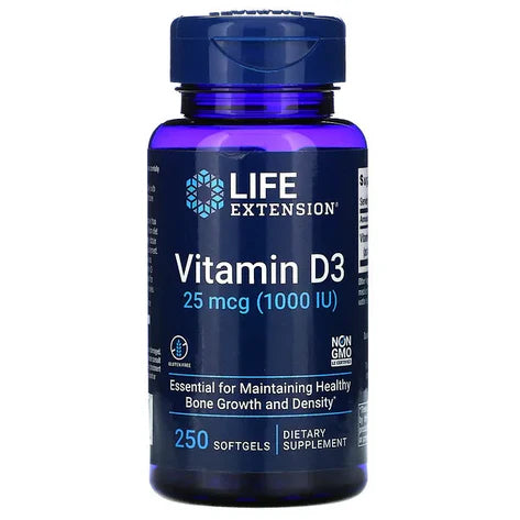 Vitamina D3 25mcg 1000 UI de Life Extension | Fortalecimiento de huesos, dientes y del sistema Inmunológico | 250 cápsulas blandas