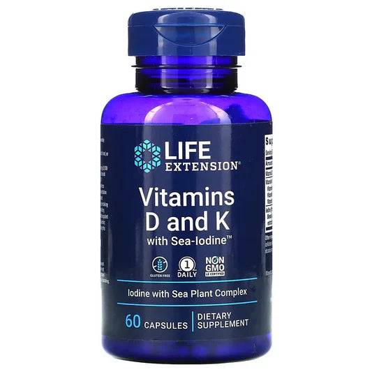 Vitaminas D y K con Complejo de Yodo Marino de Life Extension | Fortalecimiento Óseo e Inmune | 60 cápsulas vegetarianas