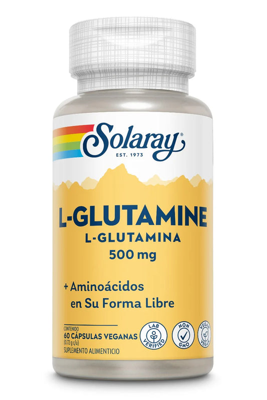 L-Glutamina 500mg + Aminoácidos Libres de Solaray | Recuperación muscular, Mejora del sistema digestivo y del sistema inmunológico | 60 cápsulas veganas