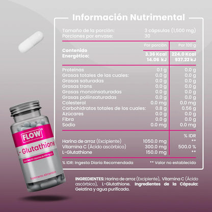 L-Glutatión + Vitamina C 1500mg por porción de Flow Supplement | Refuerzo del sistema inmune - Desintoxicación celular | 90 cápsulas vegetales