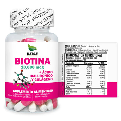 Biotina 10,000mcg + Ácido hialurónico + Colágeno - 500mg por cápsula de Natsa | Fortalece Piel, Uñas y Cabello | 100 cápsulas vegetales