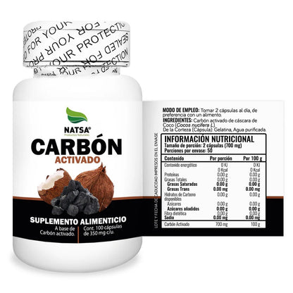 Carbón activado vegetal de NATSA 350 mg | Apoya procesos de detoxificación digestiva | 100 cápsulas