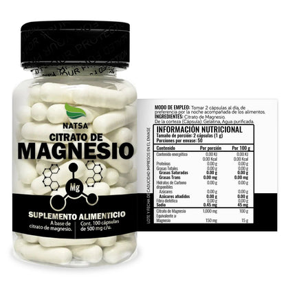Citrato de magnesio 1000mg por porción de Natsa | Contribuye en la Función Muscular y de los Huesos | 100 cápsulas vegetales