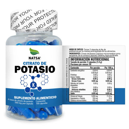 Citrato de Potasio 1000mg por porción de Natsa | Regula la Presión Arterial - Equilibrio de Electrolitos | 100 cápsulas vegetales