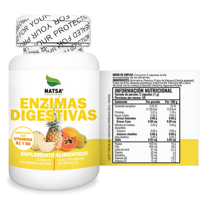 Enzimas Digestivas con Bromelina, Papaina y Vitaminas B | Natsa | Apoyo Digestivo Natural | 100 Cápsulas