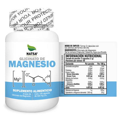 Glicinato de Magnesio 500 mg NATSA,  | Apoya la función muscular y neuromuscular | 100 cápsulas