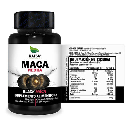 Maca Negra 500 mg NATSA | Apoya el rendimiento físico y mental  | 100 cápsulas