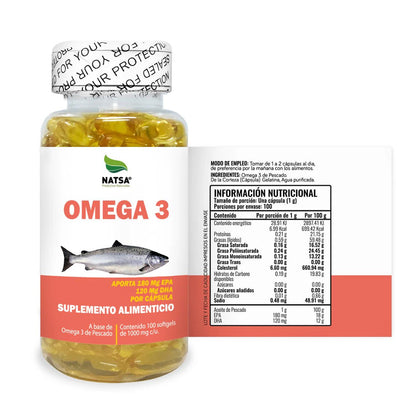 Omega 3 de pescado 1000 mg Natsa | Favorece el funcionamiento cardiovascular | 100 cápsulas blandas