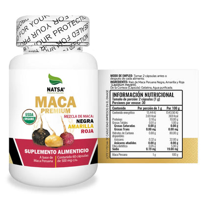 Maca Premium de Natsa | Mezcla de Maca Amarilla, Roja Y Negra | 60 Cápsulas