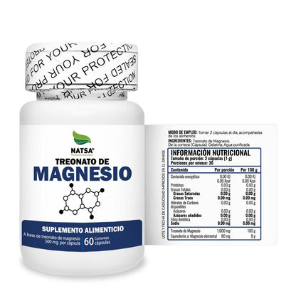 Treonato de magnesio 1000 mg por porción de Natsa | Apoyo de la Función Cognitiva | 60 cápsulas vegetales