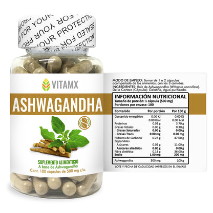 Ashwagandha 500mg | VitaMX | Apoyo para el Manejo del Estrés y Bienestar General | 100 Cápsulas