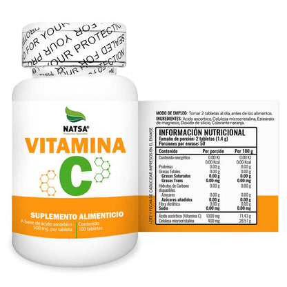 Vitamina C, Ácido Ascórbico 500 mg Natsa | Apoya el funcionamiento del sistema inmune | 100 tabletas