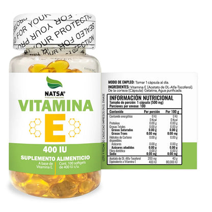 Vitamina E 400 IU  Natsa | Complementa rutinas de bienestar antioxidante  | 100 cápsulas blandas