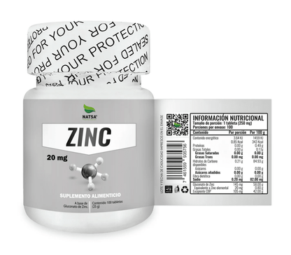 Zinc 20 mg Natsa | Contribuye al funcionamiento del sistema inmune | 100 tabletas