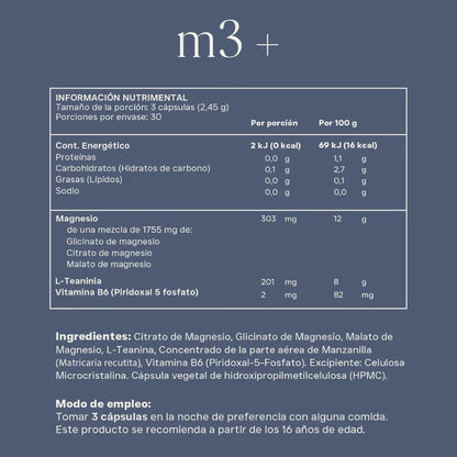 Glicinato, Citrato y Malato de Magnesio de Alta Absorción, con L-teanina, Vitamina B6 y Extracto de Manzanilla | Reset M3+ | 90 Cápsulas