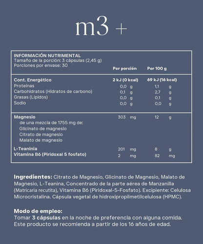 Glicinato, Citrato y Malato de Magnesio de Alta Absorción, con L-teanina, Vitamina B6 y Extracto de Manzanilla | Reset M3+ | 90 Cápsulas