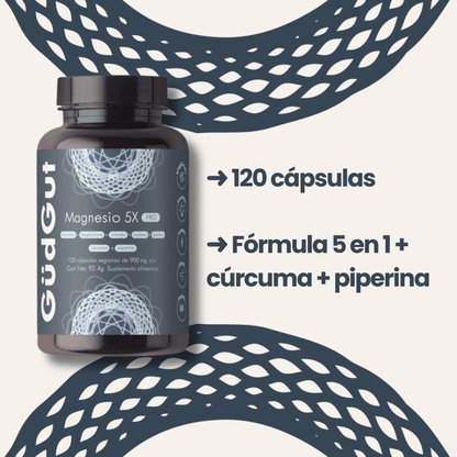 Magnesio 5X PRO, Citrato de magnesio, Cúrcuma y Piperina GüdGut | Combinación Antiinflamatoria | 120 cápsulas