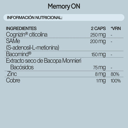 Memory-ON de IVB | Cognizin®,  SAMe,	 Bacomind®, Extracto seco de de Bacopa Monnieri , Zinc, Cobre | 60 Cápsulas