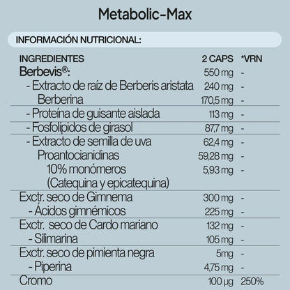Metabolic-Max de IVB | Berbevis®, Gimnema, Cardo mariano, Piperina y Cromo| 60 Cápsulas