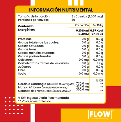 Garcinia Cambogia + Mango africano + Cetonas de frambuesa 1500mg por porción META de Flow Supplements | Fórmula pensada para complementar estilos de vida activos | 90 cápsulas vegetales