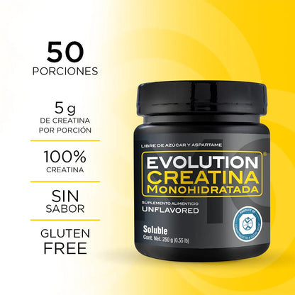 Creatina Monohidratada 5g por porción de Evolution Nutritional - 250 y 500g | Potencia tus entrenos y la recuperación muscular | 100 y 50 porciones