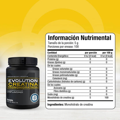 Creatina Monohidratada 5g por porción de Evolution Nutritional - 250 y 500g | Potencia tus entrenos y la recuperación muscular | 100 y 50 porciones