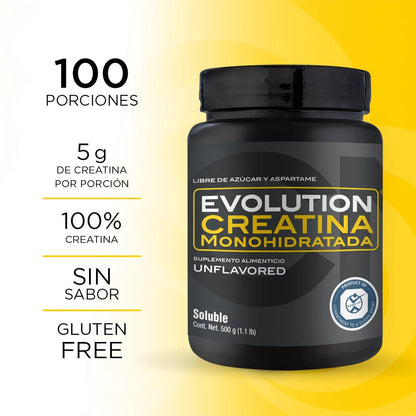 Creatina Monohidratada 5g por porción de Evolution Nutritional - 250 y 500g | Potencia tus entrenos y la recuperación muscular | 100 y 50 porciones
