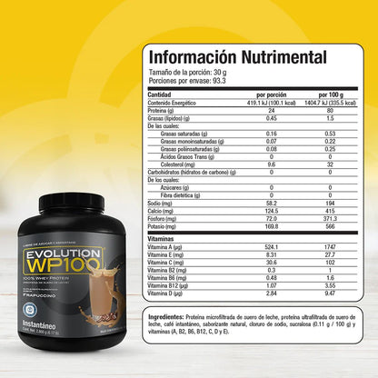 Proteína de Suero de Leche (Whey) Instantánea Sabor Chocolate u otros sabores 32.8g de Evolution WP100 |  1.4kg o 2.8kg, 42 y 85 porciones