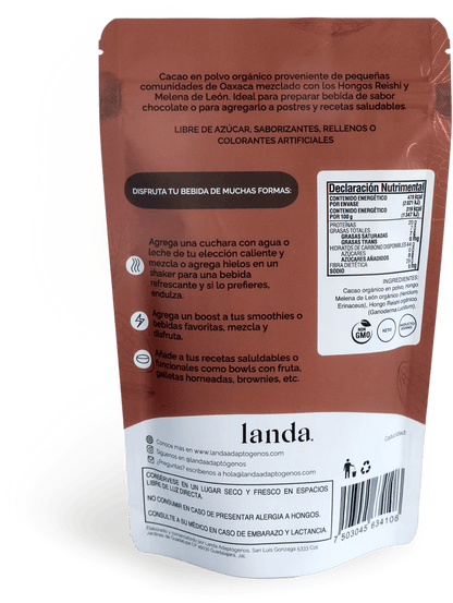 Cacao Orgánico en polvo + Reishi y Melena de León 5g - Elixir de Cacao de Landa Adaptógeno | Aporta antioxidantes naturales | Polvo de 150g Sabor Chocolate