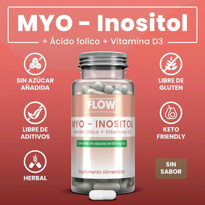 Myo Inositol + Ácido fólico + Vitamina D3 1500mg por porción de Flow Supplement | Apoyo de la función Hormonal y fortalecimiento Óseo | 90 cápsulas vegetales