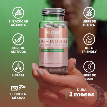 Myo Inositol + Ácido fólico + Vitamina D3 1500mg por porción de Flow Supplement | Apoyo de la función Hormonal y fortalecimiento Óseo | 90 cápsulas vegetales