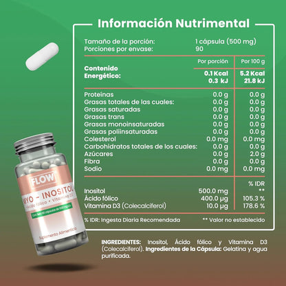 Myo Inositol + Ácido fólico + Vitamina D3 1500mg por porción de Flow Supplement | Apoyo de la función Hormonal y fortalecimiento Óseo | 90 cápsulas vegetales