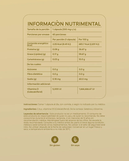 Vitamina D3 5000 UI Support de NutriADN| Apoyo óseo e inmunológico | 60 cápsulas