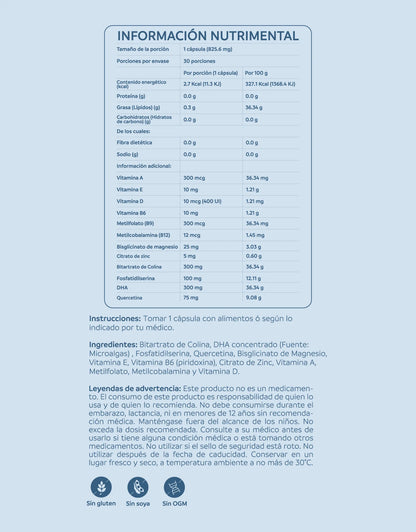 Mind Support de NutriADN Bitartrato de Colina y DHA | Fórmula para memoria, concentración y rendimiento cognitivo | 60 cápsulas