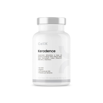| Keradence de CellX | USPlus® DERM, Cynatine® HNS, Ferrochel®, LIVING SILICA, Cobre TRAACS®, NAC, L-Selenometionina, MSM, Vitamina B3 y C, Biotina, Inositol, Bitartrato de Colina 90 Cápsulas