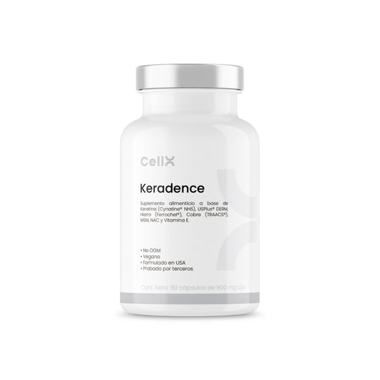 | Keradence de CellX | USPlus® DERM, Cynatine® HNS, Ferrochel®, LIVING SILICA, Cobre TRAACS®, NAC, L-Selenometionina, MSM, Vitamina B3 y C, Biotina, Inositol, Bitartrato de Colina 90 Cápsulas