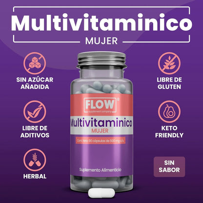 Multivitamínico para la mujer con colágeno, Calcio, Ácido fólico 1500mg por porción de Flow Supplement  | Apoyo de la función inmunológica, proporciona equilibrio hormonal y energía | 90 cápsulas vegetales